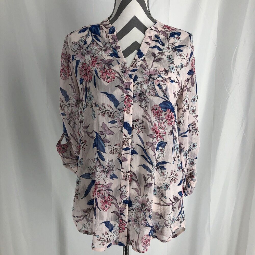 Kut from the Kloth Floral Pink Roll Tab Sleeve Button Up Blouse Womens Size L